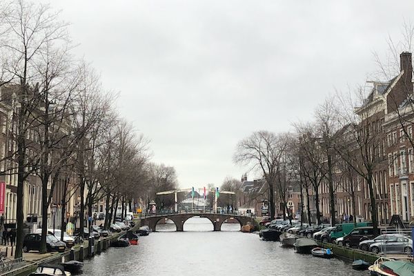 Amsterdam winter cityscape with bridge